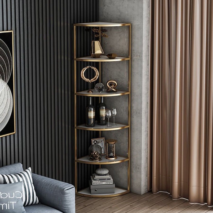 HMR - 6-Tier Modern Fan-Shaped Shelves Standing Corner Shelf in White & Gold