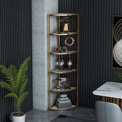 HMR - 6-Tier Modern Fan-Shaped Shelves Standing Corner Shelf in White & Gold