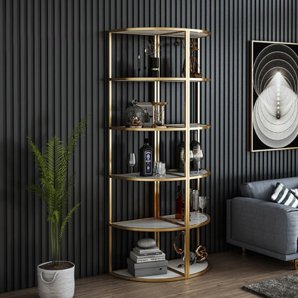 HMR - 6-Tier Modern Fan-Shaped Shelves Standing Corner Shelf in White & Gold