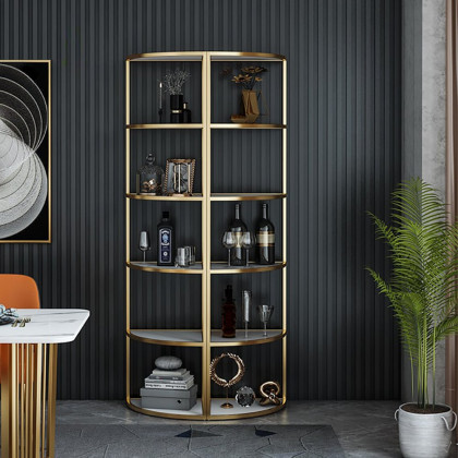 HMR - 6-Tier Modern Fan-Shaped Shelves Standing Corner Shelf in White & Gold