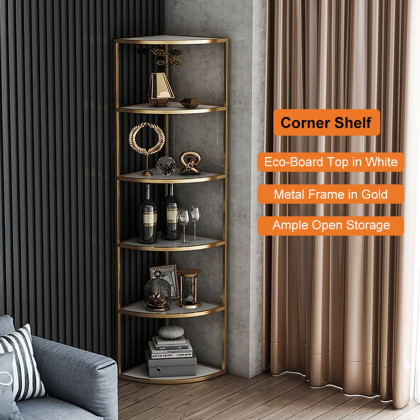 HMR - 6-Tier Modern Fan-Shaped Shelves Standing Corner Shelf in White & Gold