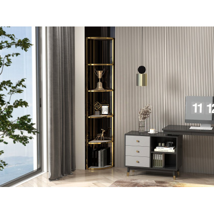 HMR - 6-Tier Modern Fan-Shaped Shelves Standing Corner Shelf in White & Gold