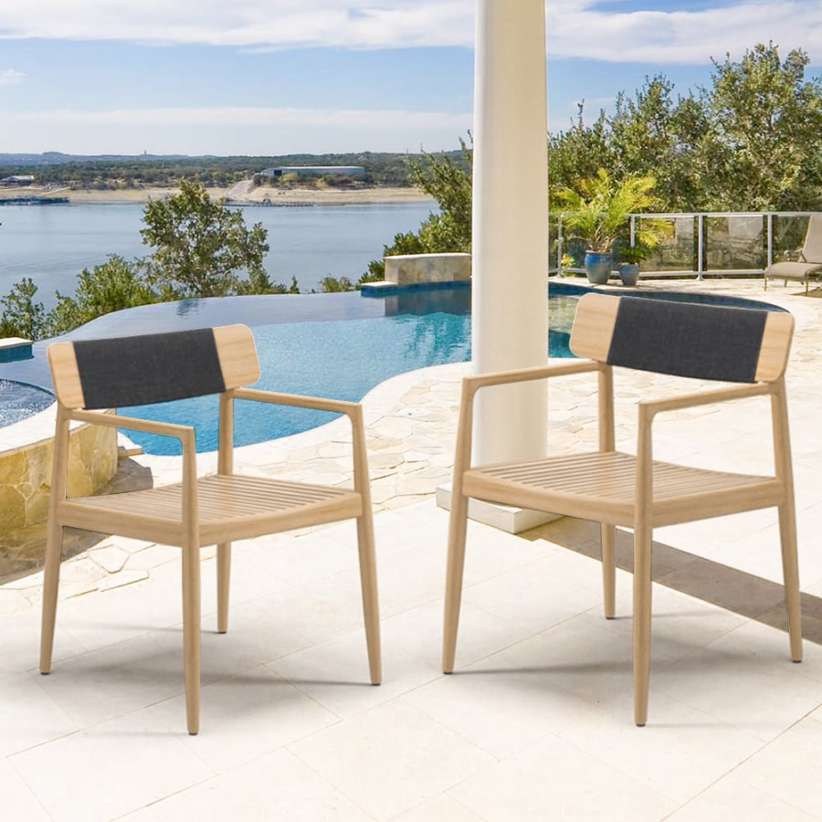 HMR - Modern Wood Outdoor Patio Dining Chair Armchair in Natural (Set of 2）