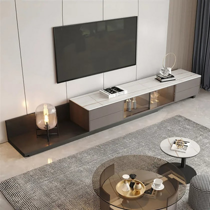 HMR - Italian Style Retractable TV Stand with 4 Drawers & LED Light for TV Up to 120 Inch