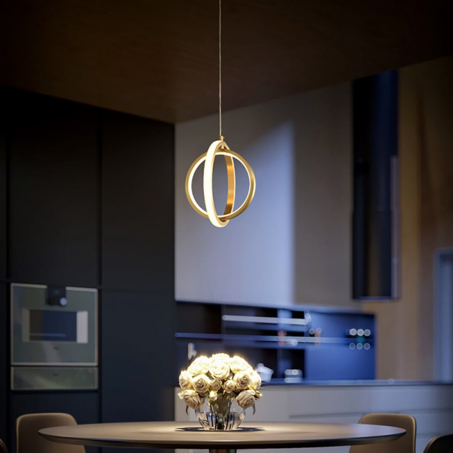 HMR - Gold Geometric Pendant Light 2-Ring LED Hanging Light in Brass