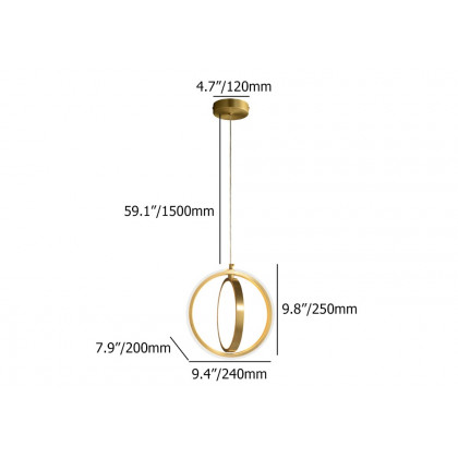HMR - Gold Geometric Pendant Light 2-Ring LED Hanging Light in Brass