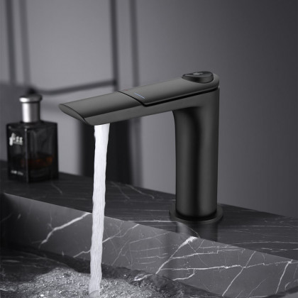 HMR - Black Single Hole Bathroom Sink Faucet With Single Handle Press Button Solid Brass
