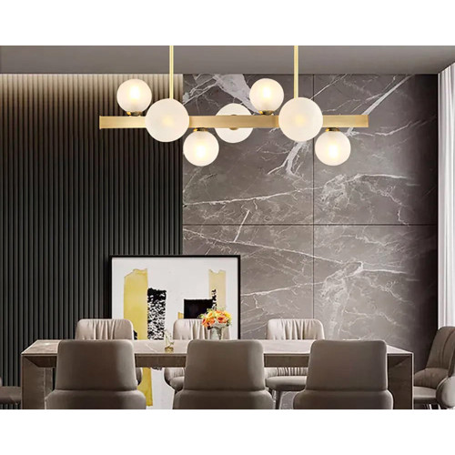 HMR Modern Island Light Fixture for Kitchen Linear Chandelier Glass Shade - Gold, 7-Light