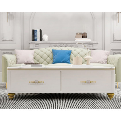 HMR Chift 51" Modern Marble Coffee Table & Storage Drawers Gold Stainless Steel Legs - White