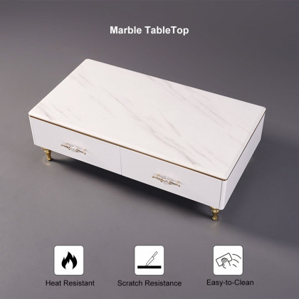 HMR Chift 51" Modern Marble Coffee Table & Storage Drawers Gold Stainless Steel Legs - White