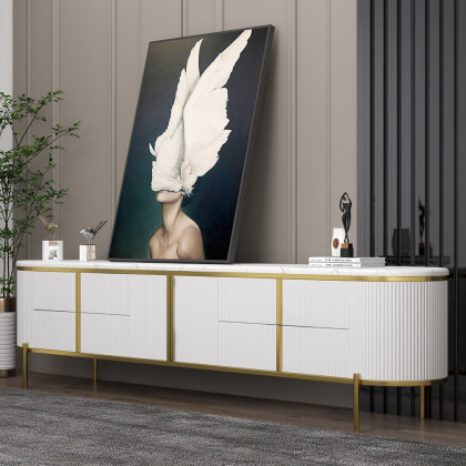 HMR Gline Series Modern Oval 87" TV Stand with Drawers & Storage - White