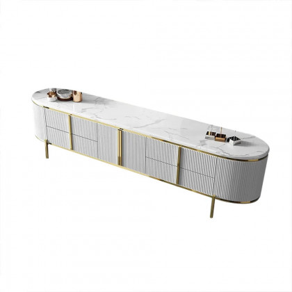 HMR Gline Series Modern Oval 87" TV Stand with Drawers & Storage - White