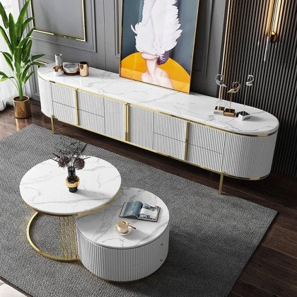 HMR Gline Series Modern Oval 78" TV Stand with Drawers & Storage - White