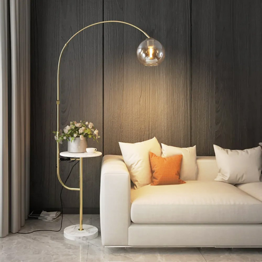 HMR - Modern Arc Floor Lamp with Shelf & Wireless Charger & USB Charging Port