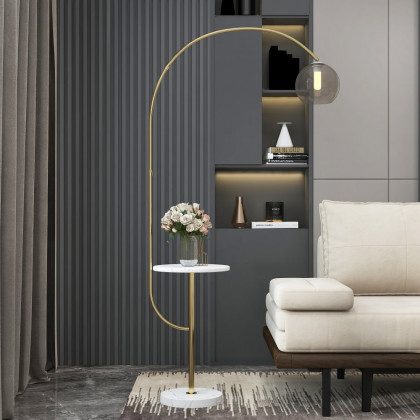 HMR - Modern Arc Floor Lamp with Shelf & Wireless Charger & USB Charging Port