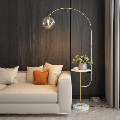 HMR - Modern Arc Floor Lamp with Shelf & Wireless Charger & USB Charging Port