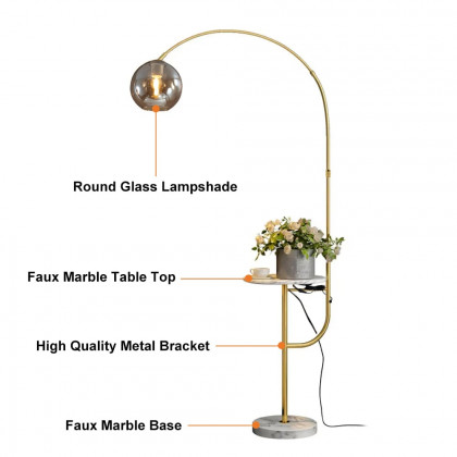 HMR - Modern Arc Floor Lamp with Shelf & Wireless Charger & USB Charging Port