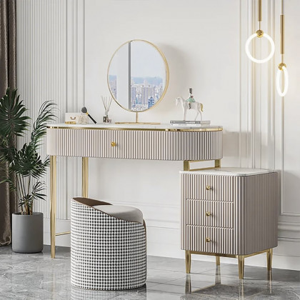 HMR - Champagne Faux Marble Top Makeup Vanity Set with 1 Stool & 1 Cabinet & 1 Mirror