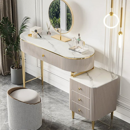 HMR - Champagne Faux Marble Top Makeup Vanity Set with 1 Stool & 1 Cabinet & 1 Mirror