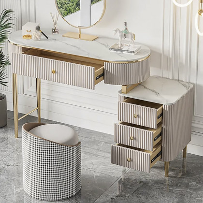 HMR - Champagne Faux Marble Top Makeup Vanity Set with 1 Stool & 1 Cabinet & 1 Mirror