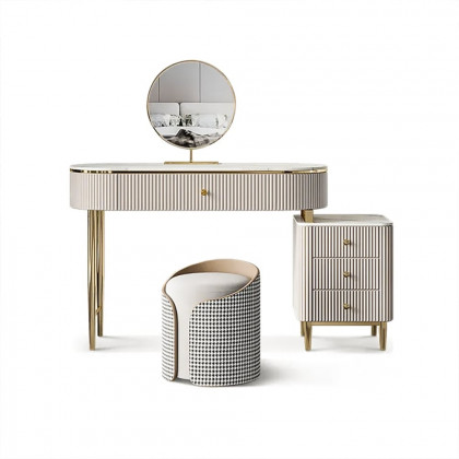 HMR - Champagne Faux Marble Top Makeup Vanity Set with 1 Stool & 1 Cabinet & 1 Mirror