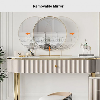HMR - Champagne Faux Marble Top Makeup Vanity Set with 1 Stool & 1 Cabinet & 1 Mirror