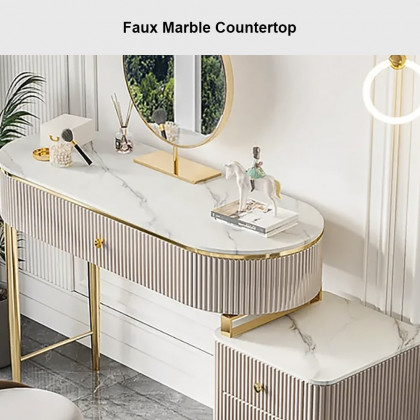 HMR - Champagne Faux Marble Top Makeup Vanity Set with 1 Stool & 1 Cabinet & 1 Mirror