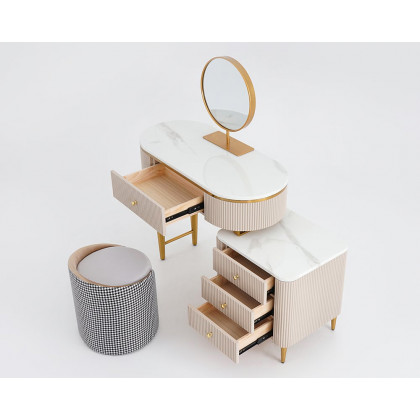 HMR - Champagne Faux Marble Top Makeup Vanity Set with 1 Stool & 1 Cabinet & 1 Mirror