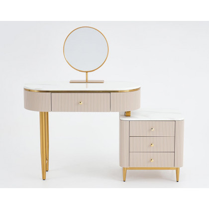 HMR - Champagne Faux Marble Top Makeup Vanity Set with 1 Stool & 1 Cabinet & 1 Mirror