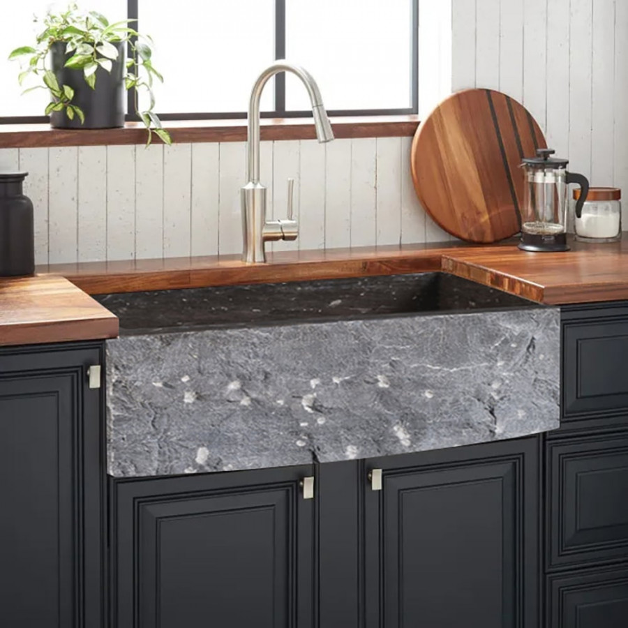 HMR - 33" Farmhouse Black Kitchen Sink Natural Stone Single Large Sink with Drain