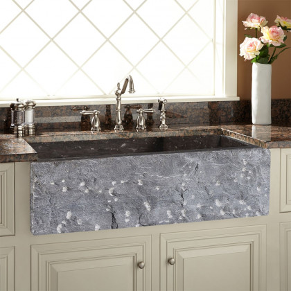 HMR - 33" Farmhouse Black Kitchen Sink Natural Stone Single Large Sink with Drain