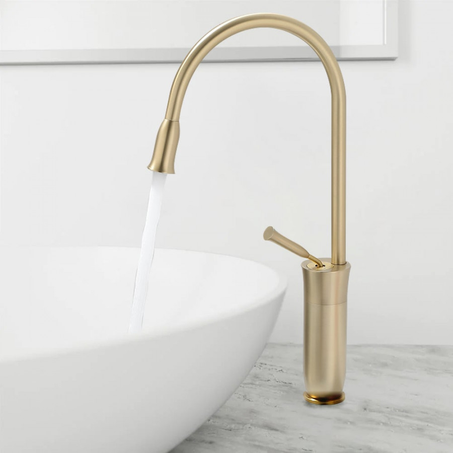 HMR - Tront Single Hole Bathroom Vessel Sink Faucet Solid Brass in Brushed Gold