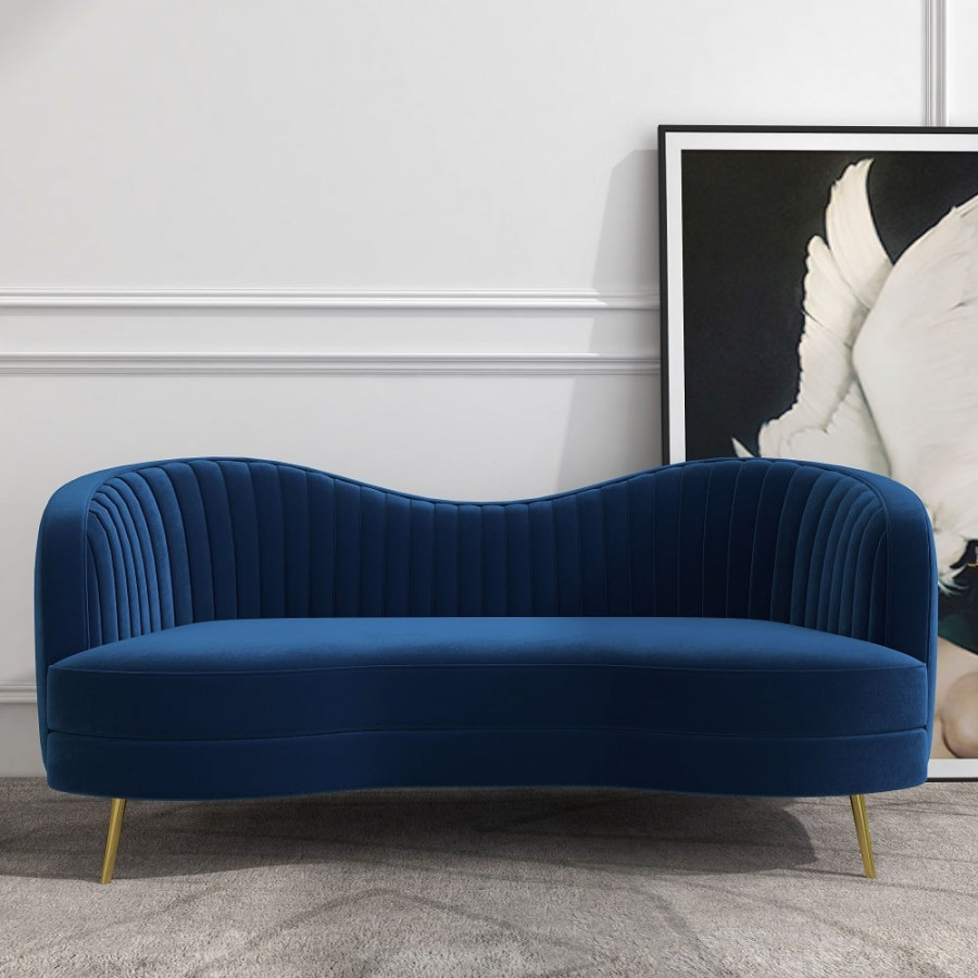HMR - 72" Florie Luxury Vertical Channel Tufted Curved Performance Velvet Sofa in Blue