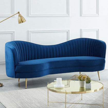 HMR - 72" Florie Luxury Vertical Channel Tufted Curved Performance Velvet Sofa in Blue