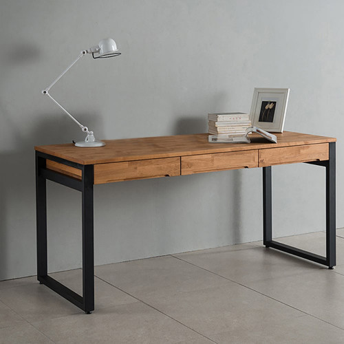HMR - 47.2" Rustic Wooden Natural & Black Office Desk with Drawers & Metal Legs
