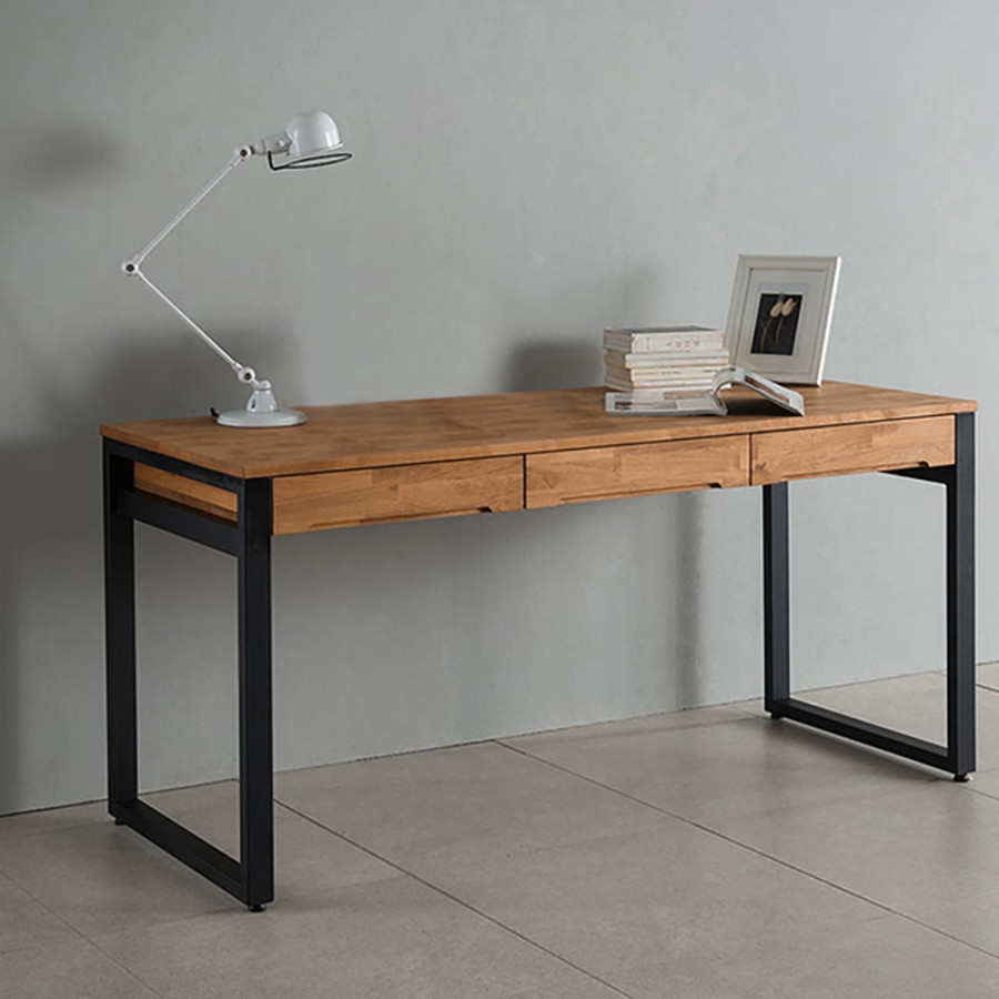 HMR - 47.2" Rustic Wooden Natural & Black Office Desk with Drawers & Metal Legs