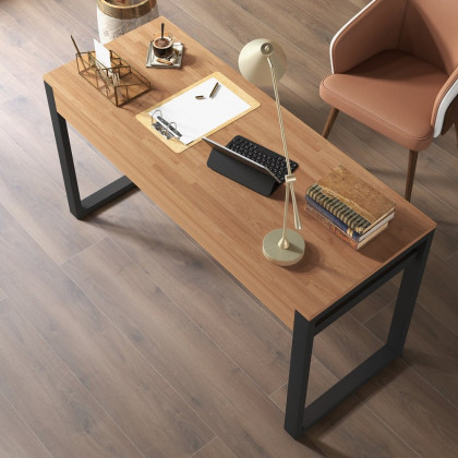 HMR - 47.2" Rustic Wooden Natural & Black Office Desk with Drawers & Metal Legs