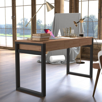 HMR - 47.2" Rustic Wooden Natural & Black Office Desk with Drawers & Metal Legs