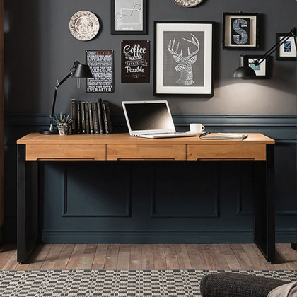 HMR - 47.2" Rustic Wooden Natural & Black Office Desk with Drawers & Metal Legs