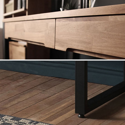 HMR - 47.2" Rustic Wooden Natural & Black Office Desk with Drawers & Metal Legs