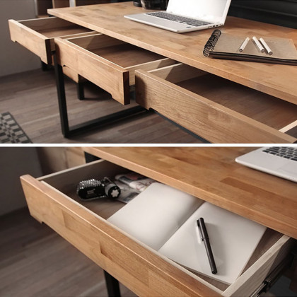 HMR - 47.2" Rustic Wooden Natural & Black Office Desk with Drawers & Metal Legs