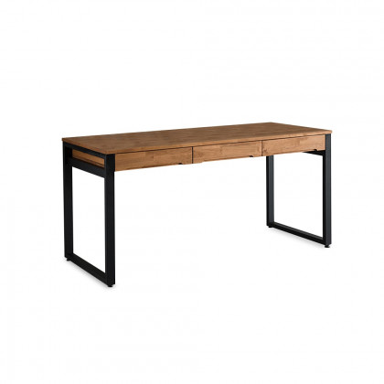 HMR - 47.2" Rustic Wooden Natural & Black Office Desk with Drawers & Metal Legs