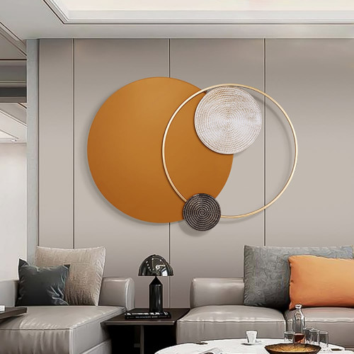 HMR Modern Big Metal Geometric Circles Wall Decor Unique Home Living Room Hanging Wall Art - Orange