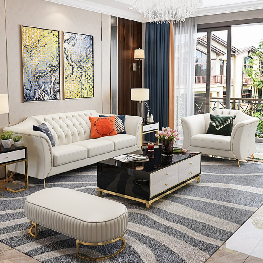 HMR - 3-Piece Modern Faux Leather Living Room Set Chesterfield Sofa in Beige with Stool