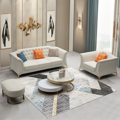 HMR - 3-Piece Modern Faux Leather Living Room Set Chesterfield Sofa in Beige with Stool