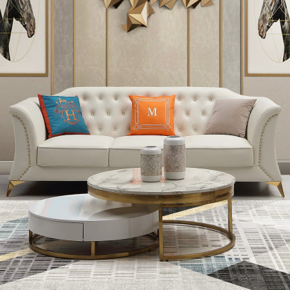 HMR - 3-Piece Modern Faux Leather Living Room Set Chesterfield Sofa in Beige with Stool