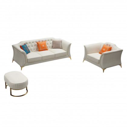 HMR - 3-Piece Modern Faux Leather Living Room Set Chesterfield Sofa in Beige with Stool