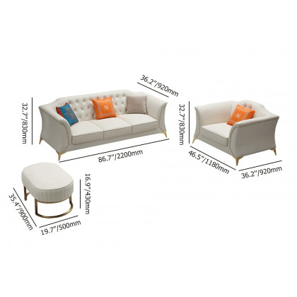 HMR - 3-Piece Modern Faux Leather Living Room Set Chesterfield Sofa in Beige with Stool