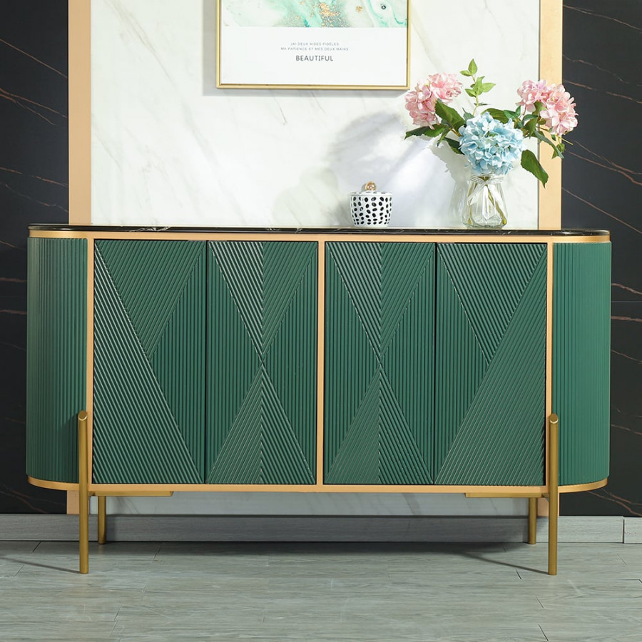 HMR - Green Sideboard Buffet Oval Faux Marble Top 59" Sideboard Cabinet 4 Doors & Shelves