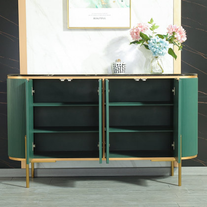 HMR - Green Sideboard Buffet Oval Faux Marble Top 59" Sideboard Cabinet 4 Doors & Shelves
